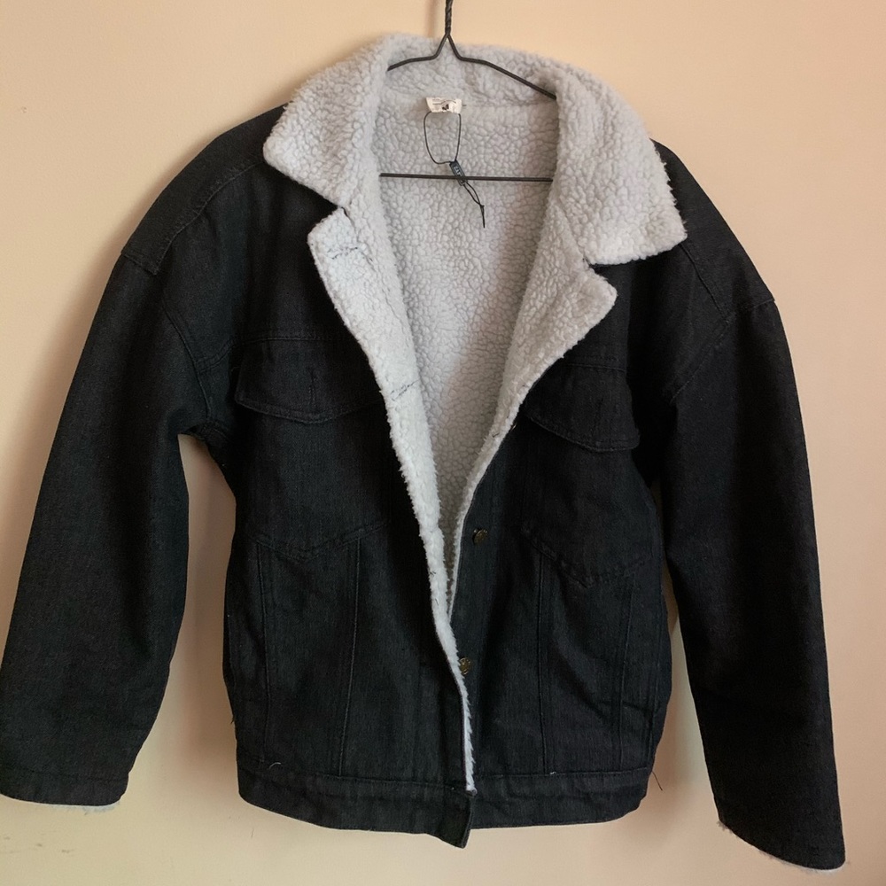 Black Demin Coat, Lined with White Faux Fur